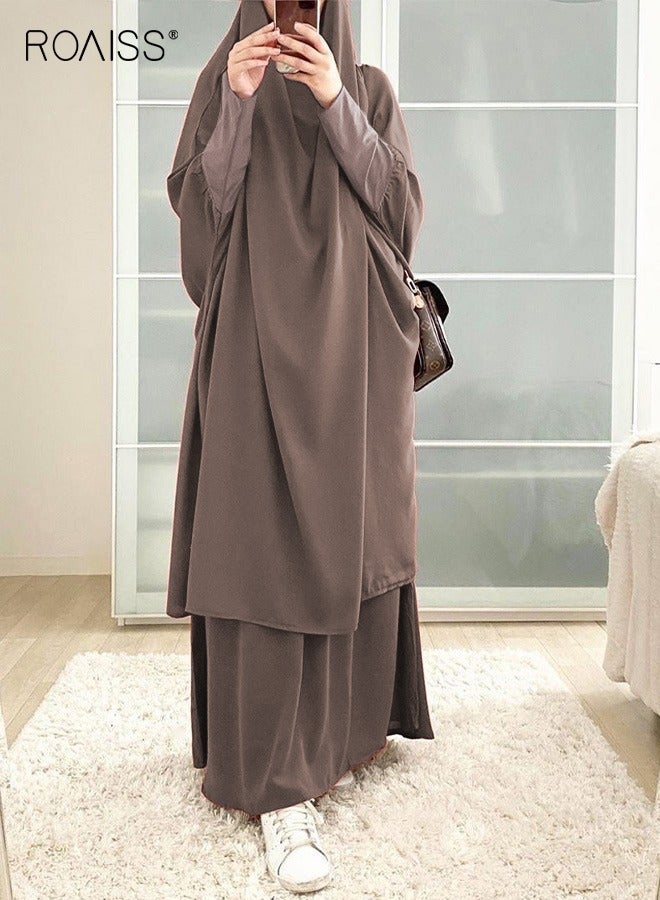 roaiss Women's Traditional Wear Loose Suit Casual Hooded Large Hem Circumference Solid Color Gown 2 Piece Classic National Worship Long Sleeve One-Piece Headscarf Abaya Dress Brown - Image 2